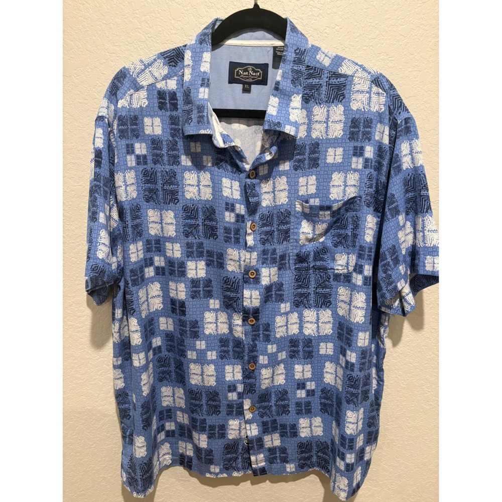 Nat Nast Luxury Originals Silk Cotton Blue Geometric Print Button Down Shirt XL